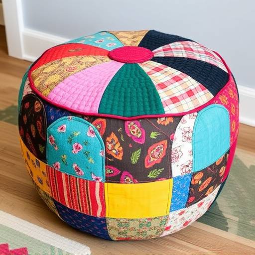 A colorful patchwork pouf made of recycled fabrics.