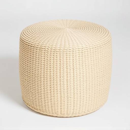 A cylindrical pouf with a woven texture in a light beige color.
