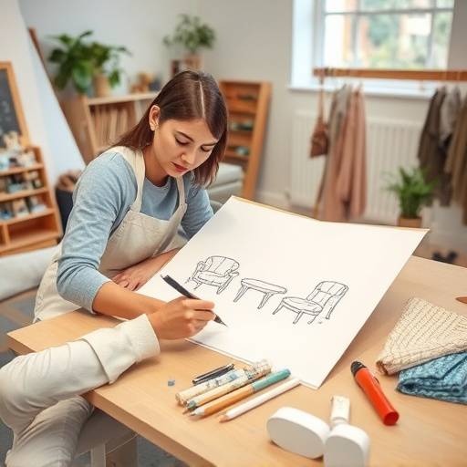 A designer sketching furniture designs in their studio, surrounded by fabric samples and design tools