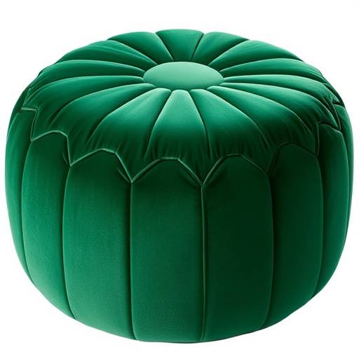 A luxurious, round velvet pouf in a deep emerald green.