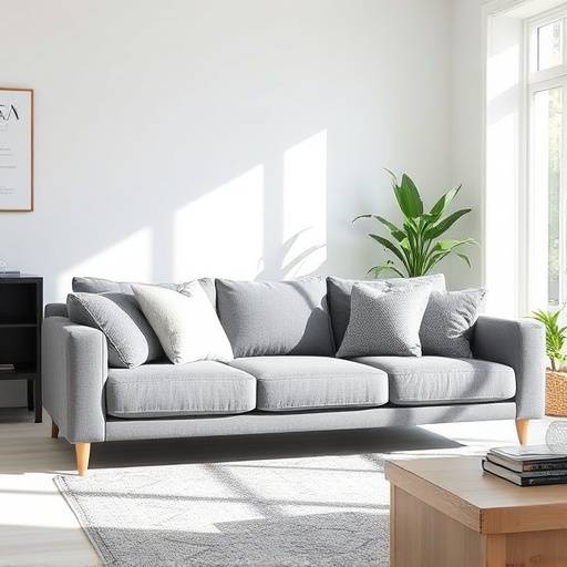 A modern grey sofa with plush cushions in a brightly lit living room