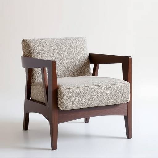 Armchair upholstered in a striking geometric patterned fabric, with dark wood legs.