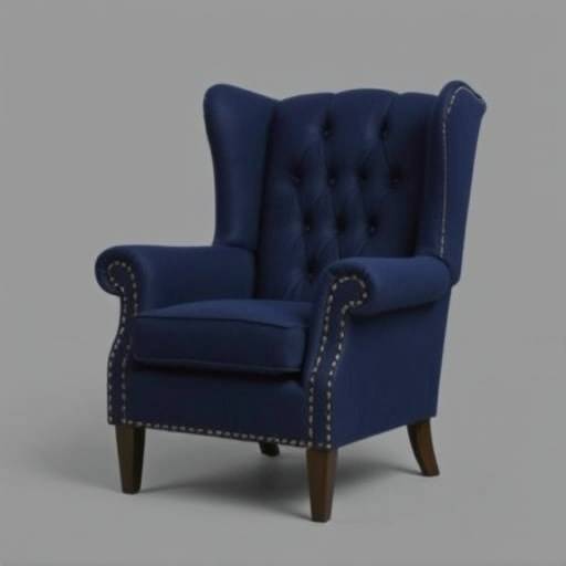 Classic wingback armchair in a dark blue linen fabric with button tufting.