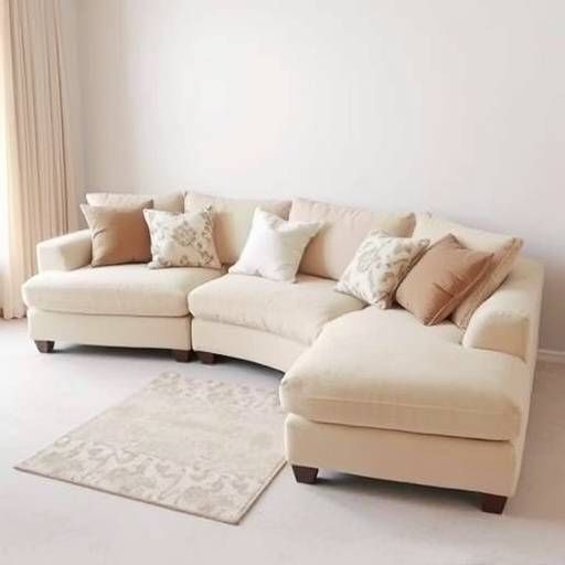 Comfortable L-shaped corner sofa in light beige fabric with scatter cushions