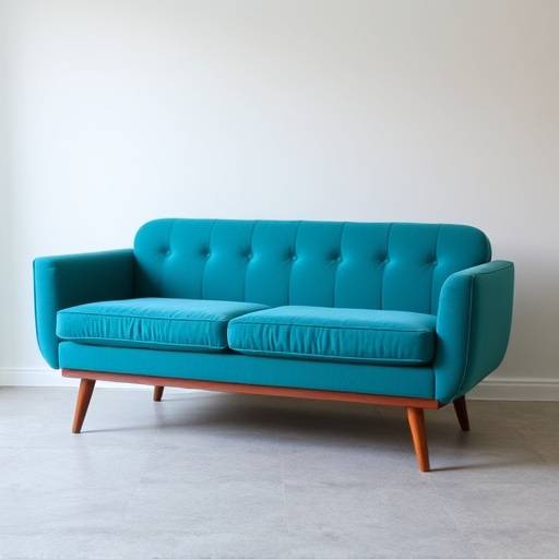 Mid-century modern sofa in teal velvet with tapered wooden legs