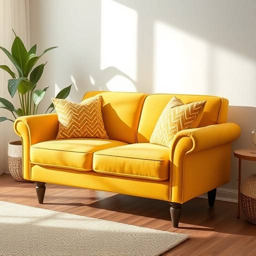 Small loveseat sofa in bright yellow fabric, perfect for compact spaces