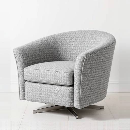 Swivel armchair with a rounded back, covered in a textured grey boucle fabric.